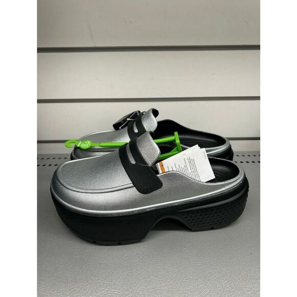 CROCS Women’s Stomp Metallic Penny Loafer Black Silver Platform Clog Sz 10 US - Picture 2 of 6